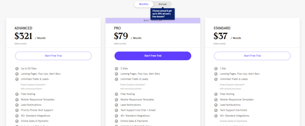 pricing of the best landing page builders in 2020