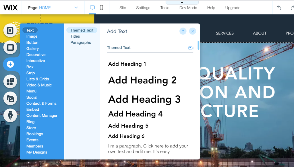 Inserting Titles, Text and Headings using the Wix Editor