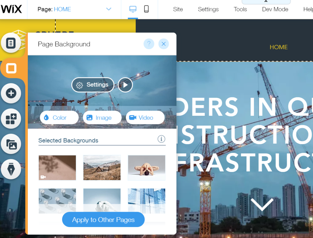 Changing the page background using the Wix Editor