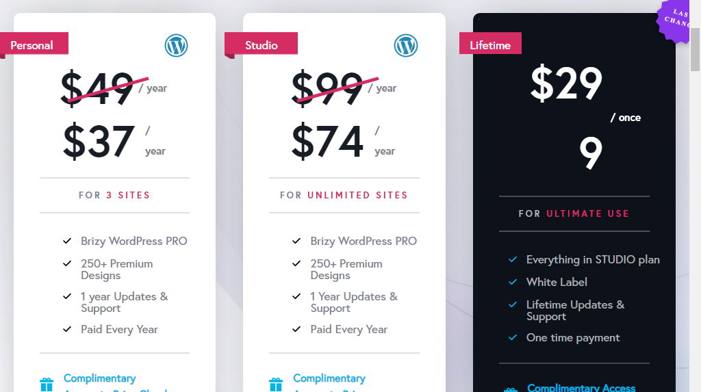 pricing on Brizy page builder