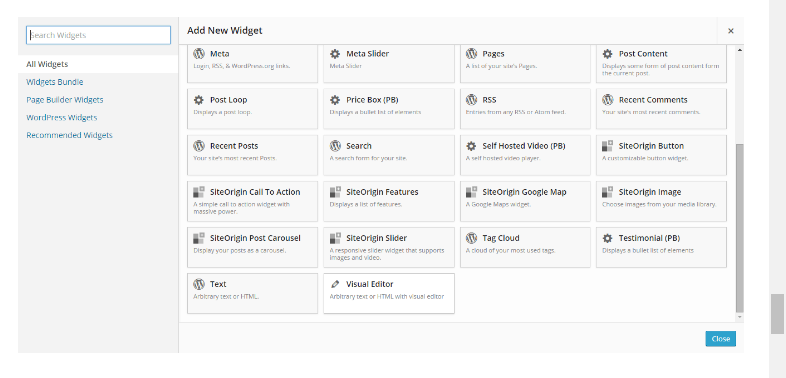 widget dialod box of SiteOrigin Page Builder