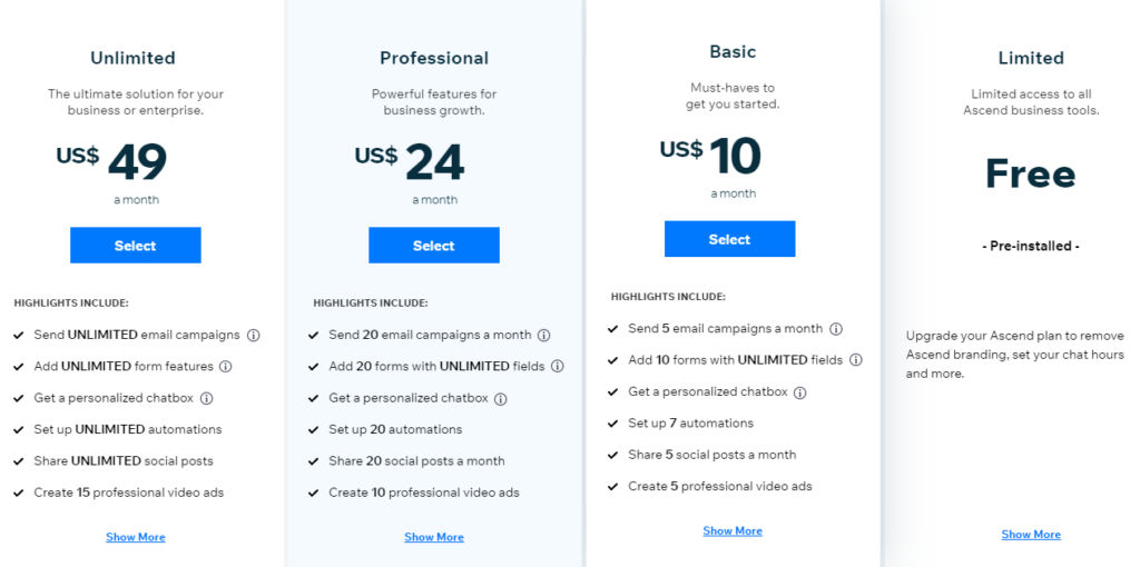 Wix Ascend Pricing Plans