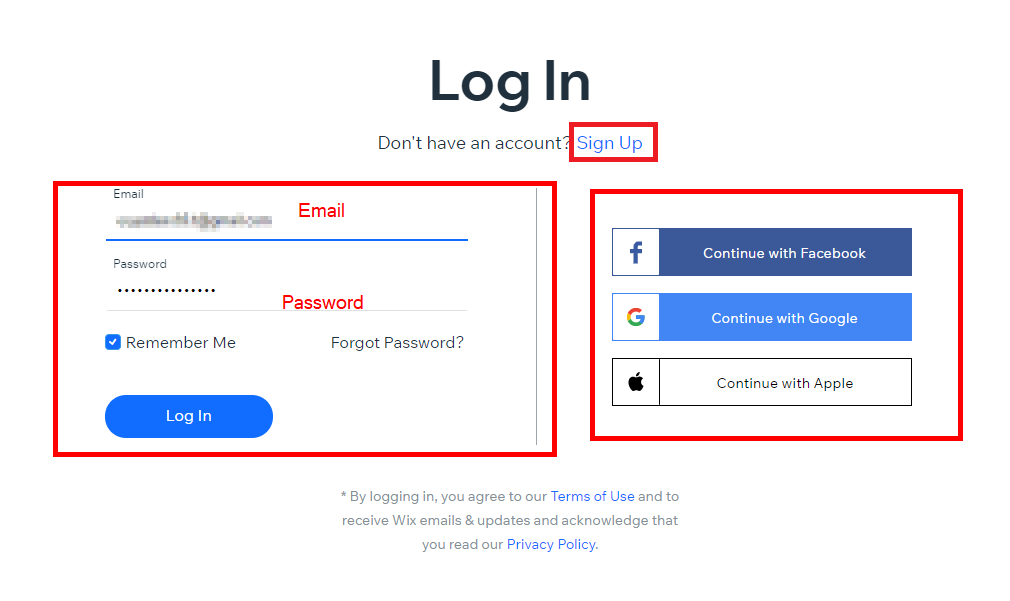 Wix sign in email and password window