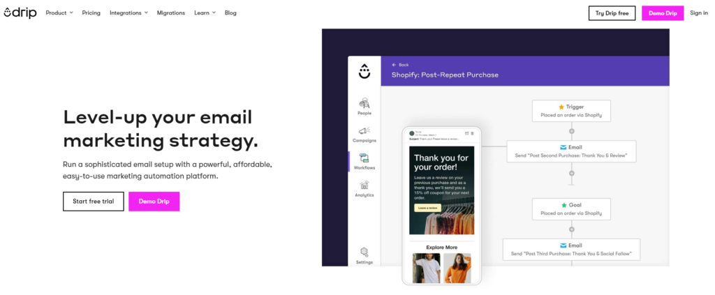For email marketing platforms for eCommerce, Drip stands out as a specialist in personalization and customer journey orchestration.